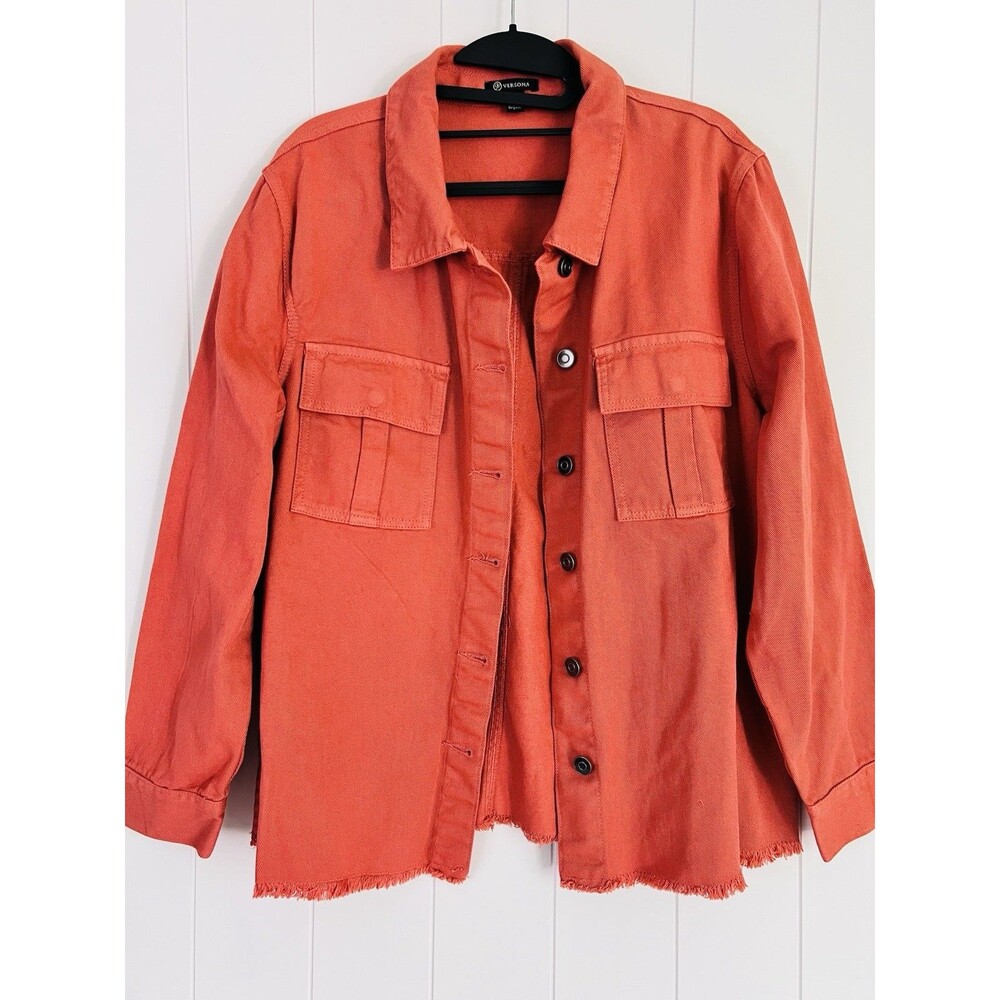 Versona Orange Lightweight Denim Jacket Raw Frayed Hem Shacket Utility Large